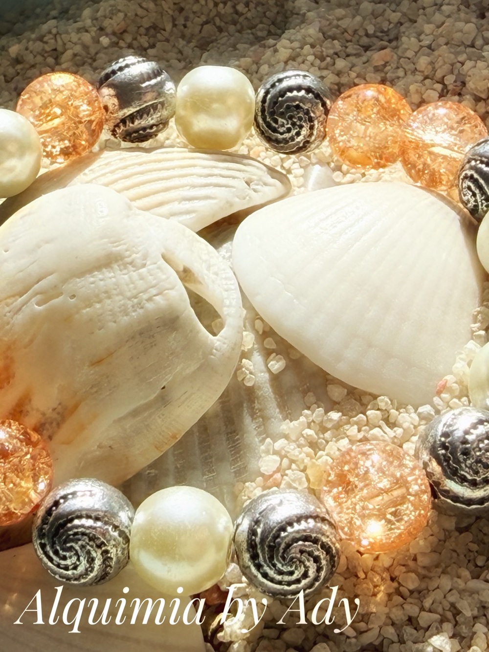 SOFT PEACH + pearl and silver 10mm +beaded bracelet